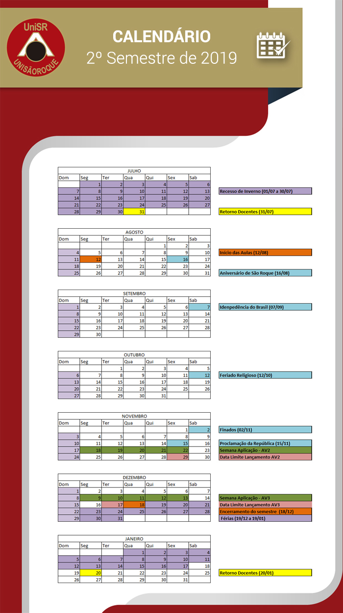 Calendário UNISR 2º Semestre de 2019