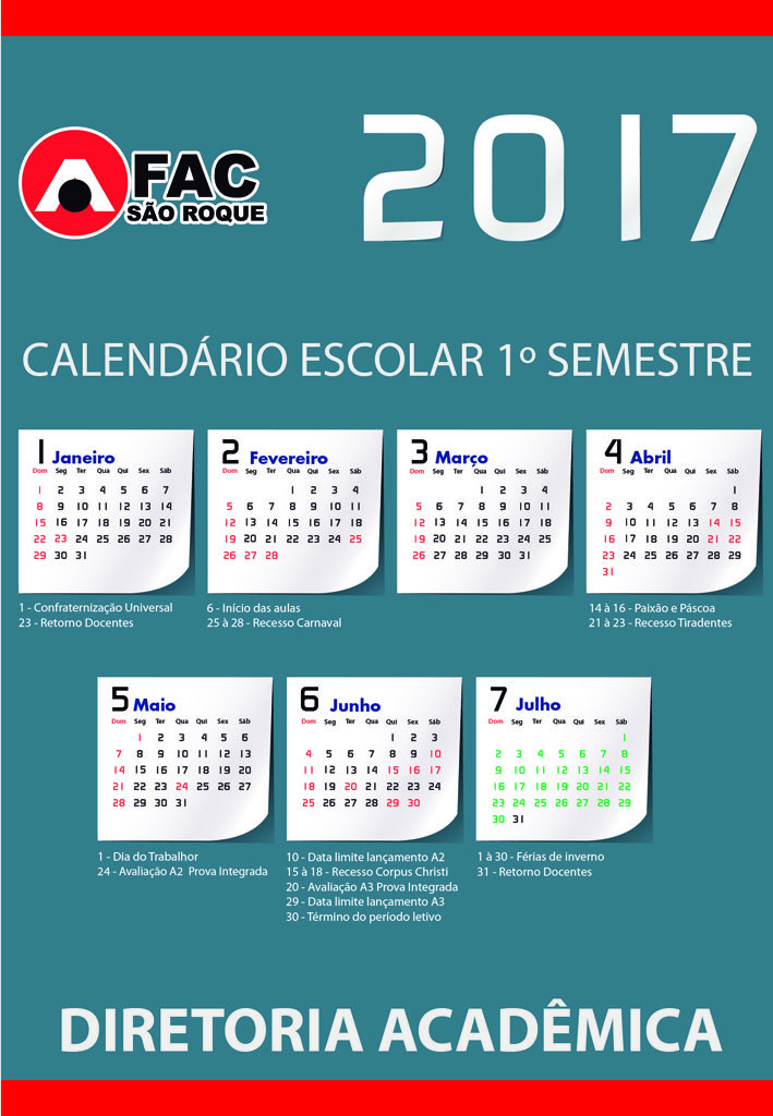 Confira o Calendário Escolar 2017 1º semestre