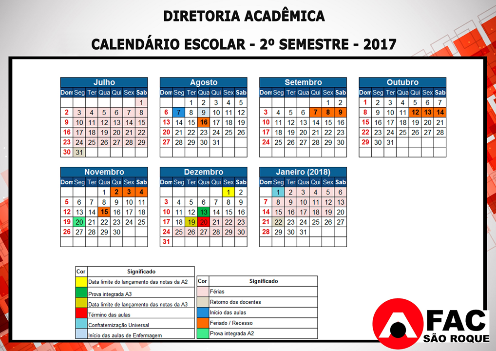 Confira o Calendário Escolar 2017 2º Semestre