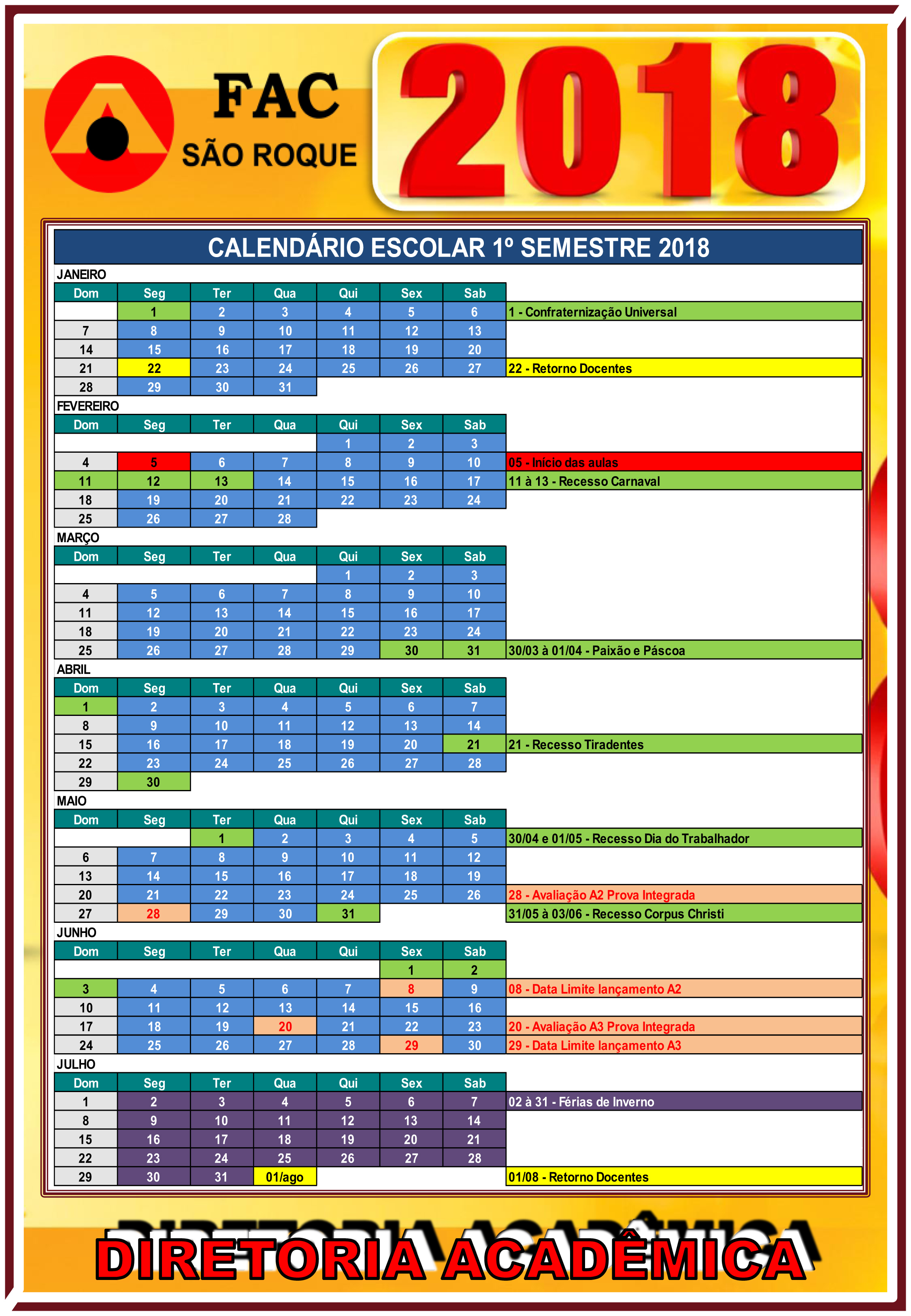 Confira o Calendário Escolar 2018 1º semestre